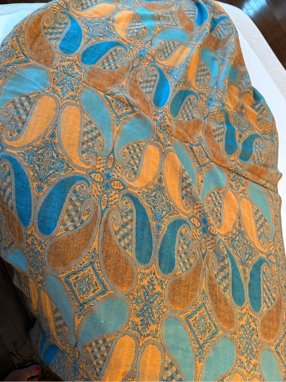 pashmina Stunning Silk Blend Teal and Gold Paisley Woven Shawl Scarf Wrap - Picture 3 of 5